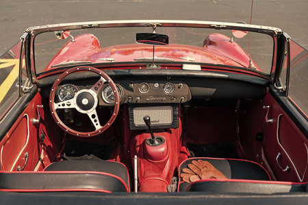 Chicago, Illinois, USA - September 08, 2024: Austin Healey 100-6 two seat roadster retro convertible...