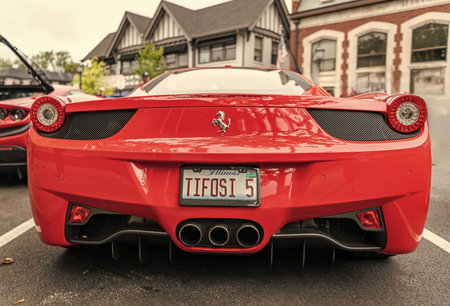 Chicago, Illinois - September 29, 2024: Ferrari 458 Italia red color. Ferrari 458 Italia parked on the street. back view. Luxury Ferrari 458 Italia in Chicagoのeditorial素材