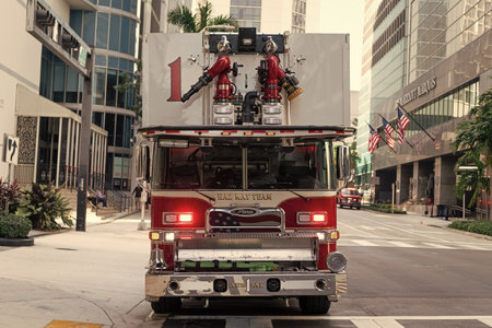 Miami, Florida, USA - December 01, 2024: Haz mat Fire Truck. Firetruck. Fire rescue in city of Miami. Big firetruck outdoor. Firetruck vehicle, front view. 911 serviceのeditorial素材