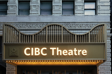 Chicago, Illinois, USA - October 22, 2024: CIBC Theatre. Performing arts CIBC theatre light sign entrance at downtown. View of the CIBC Theatre in Chicago. Landmark of Chicagoのeditorial素材