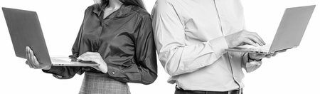 Remote online working. Business success. businesspeople isolated on white. freelancer working online. boss and employee has online. businesspeople in formalwear with laptop in office. cropped viewの写真素材