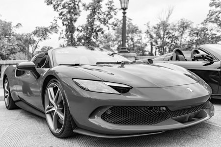 Chicago, Illinois - September 29, 2024: Ferrari 296 GTS or GTB blue color. Ferrari 296 GTS or GTB parked on the street. front view. Luxury Ferrari 296 GTS or GTB in Chicagoのeditorial素材