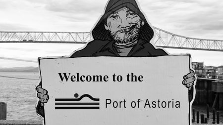 Astoria, Oregon, USA - May 21, 2019: Welcome sign for port. Welcoming board at port of Astoria. Welcome to port of Astoria sign. Port of Astoriaのeditorial素材