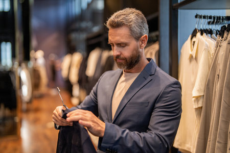 Shop manager show elegant suit. Man wearing classic tailored suit while shopping in boutique. Classic suit for successful businessman. Trendy store with suit. Business man shoppingの写真素材