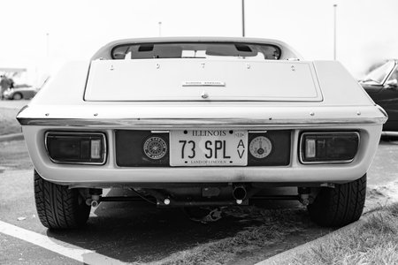 Chicago, Illinois, USA - September 08, 2024: 2005 Lotus Elise sportscar vehicle, front view. Orange convertible sportscar. Modern Lotus Elise car. Lotus Elise at Chicagoのeditorial素材