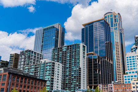 City architecture of skyscraper. City building cityscape view. Skyscraper cityscape. Modern city downtown. Business city. Cityscape of skyscraper building in business district. Massive skyscrapersの写真素材