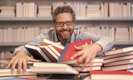 university education with book. school teacher loves education. bookworm nerd in school library....