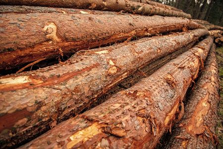 Agriculture and forestry. Trunk of pine tree log. Timber product warehouse. Wood lumber material. Softwood lumber. Wood log, timber logging. Environmental issues. Logging of timber. Cutting treesの写真素材
