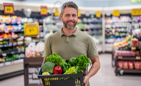 Grocery consumer. Man shopping at grocery store. Healthy lifestyle. Organic food basket. Man in grocery store. Man shopping with vegetable basket in supermarket. Grocery store clerkの写真素材