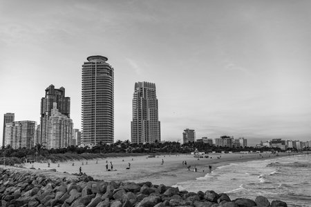 City skyline in evening sunset. Aerial waterfront cityscape. Miami South beach. Aerial panoramic view on skyscraper cityscape on sunset. Sunset city aerial. Luxurious skyscraper in Miami, Floridaの写真素材