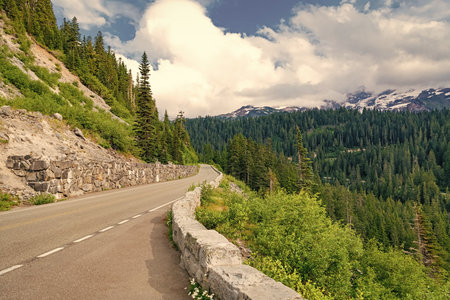 Travel destination. Landscape route to North Cascades National Park. Scenic nature. North Cascades nation park. Road with mountain landscape. Landscape of mountain and road. Trip by travel routeの写真素材