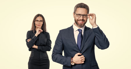 successful partnership in business team with businesspeople in formal suit expressing success isolated on whiteの写真素材