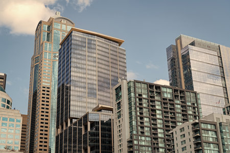 Skyscraper in city downtown. City skyline architecture. Office building in business district. Residential building. Skyscraper building architecture. Skyscraper cityscape skyline. Urban cityscapeの写真素材