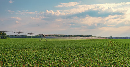 Pivot irrigation system in agricultural farmland. Farming and agriculture. Crop field irrigation. Agricultural irrigation system watering crop field. Soil preparationの写真素材