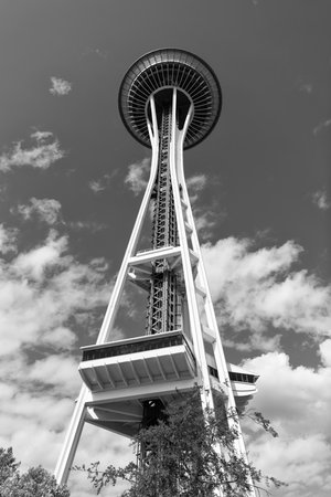Seattle, Washington, USA - July 26, 2024: Seattle landmark. Space Needle observation tower. Modern Seattle architectural landmark. Architecture of Space needle. Tower architecture landmarkの写真素材
