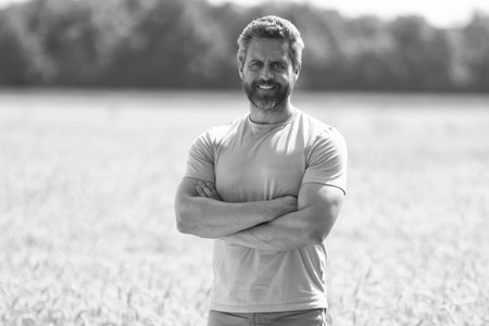 Agronomist man harvesting at crop field. Ripe agriculture. Harvest man at field. Farmer agronomist...