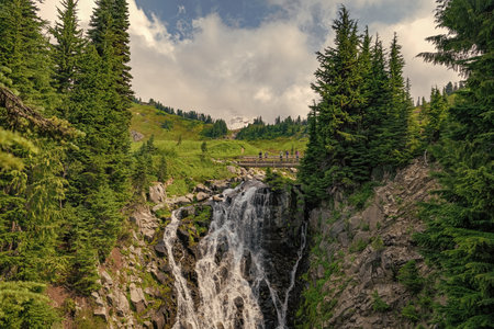 Myrtle falls waterfall route. Mount Rainier national park mountain nature landscape. Waterfall...