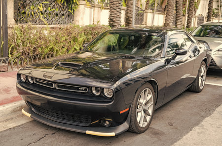 Miami, Florida, USA - December 20, 2024: 2023 Dodge Challenger GT car. Luxury car of Dodge Challenger GT type. Car of Dodge Challenger parked outdoor. Dodge Challenger, low viewのeditorial素材