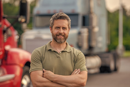 Truck driver. Man trucker driver near lorry truck. Transportation vehicles. Semi trucks vehicle....