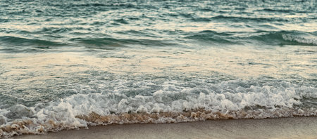 Sea horizon view. Cloudy sky and seascape at summer vacation. Skyscape with sea horizon. Calm horizon view at sea sunrise. Romantic summer vacation sunrise on seascape. Distant sea horizonの写真素材