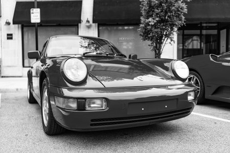Chicago, Illinois - September 29, 2024: Porsche 911 Carrera Coupe on the road. Porsche 911 Carrera roadster red color. Porsche 911 Carrera speedster in Chicago.のeditorial素材
