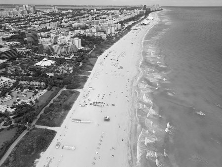 Sea beach relax. Miami South beach landscape aerial view. Skyline aerial on Miami marina, Florida....