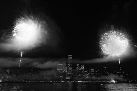 New York Manhattan fireworks. New York Fireworks over Manhattan. New York City 4th of July Fireworks. New York City Skyline Manhattan with Flashing Fireworks. Independence day.の写真素材