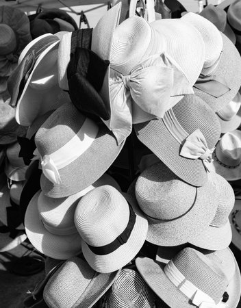 Straw hat on a street market souvenir shop. Straw hat store at market tourist shopping district. Street market selling hat and souvenir in the touristic place. Shopping in summer. Straw hat marketの写真素材