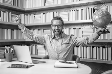 teachers day. happy college teacher in class. online private teaching. online classroom in school. online education in school classroom. school teacher in classroom. online educationの写真素材