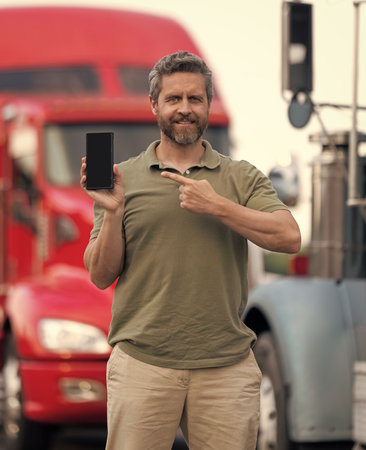 Hispanic truck man show screen. Man owner truck driver. Transportation logistic. Delivery app....