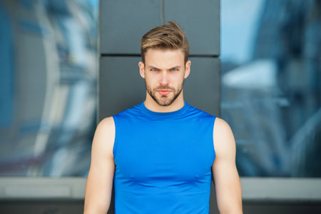 Fitness sportswear for man. Active lifestyle. Sport and fitness. Sportsman outdoor. Sport lifestyle. Caucasian man in sportswear. Muscular sporty man runner. Sportsman do sport. Breathable active topの写真素材