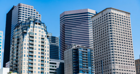 City architecture of skyscraper. City building cityscape view. Skyscraper cityscape. Modern city downtown. Business city. Cityscape of skyscraper building in business district. Massive skyscrapersの写真素材