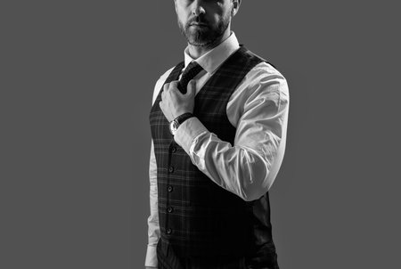 Business man in elegant tailored vest. Formal suit vest with tie isolated grey. Gentleman menswear. Bespoke suit. Formal menswear concept. Man businessman in formalwear, cropped view. Formal Fabricsの写真素材