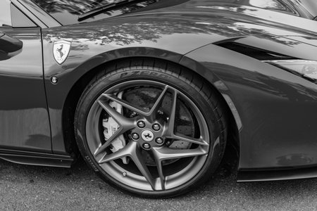 Chicago, Illinois - September 29, 2024: Ferrari F8 Spider or Tributo red color. Ferrari F8 Spider or...
