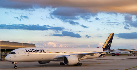 Miami, Florida, USA - October 30, 2025: Airbus A350, Lufthansa airline. Plane arrival of Lufthansa...