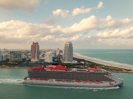 Miami, Florida, USA - March 28, 2025: Travel agency tour. Valiant lady cruise ship voyage. Cruise ship vacation. Virgin Voyages. Bain Capital. Cruise ship tour and travel at sea. Tropical destinationのeditorial素材