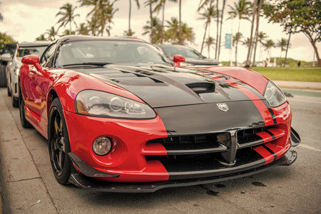 Miami, Florida, USA - December 07, 2024: 2008 Dodge Viper sportscar. Luxury sport car of Dodge Viper. Car of Dodge Viper red and black parked outdoor. Dodge Viper, corner view.のeditorial素材