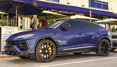 Miami, Florida, USA - November 23, 2024: blue Lamborghini Urus 2020 SUV sportscar. Luxury sport car of Lamborghini Urus SUV type. Car Lamborghini Urus parked outdoor. Lamborghini Urus, low corner view.のeditorial素材