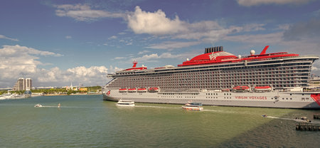 Miami, Florida, USA - November 03, 2024: Cruise ship tour and travel at sea. Ship at Miami beach port. Virgin Voyages cruise ship voyage. Cruise in summer vacation. Virgin Voyages line. Summertimeのeditorial素材