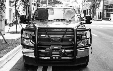 Miami, Florida, USA - December 01, 2024: Fire rescue in city of Miami. Big fire car outdoor. Fire vehicle of Ford F 250, front view. Ford F 250 fire carのeditorial素材