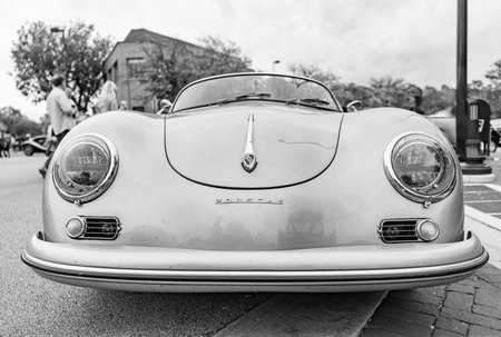 Chicago, Illinois - September 29, 2024: Classic Porsche 356 Speedster silver color. Vintage Porsche 356 Speedster parked on the street. front view. Retro Porsche 356 Speedster convertible Coupe in Chicagoのeditorial素材