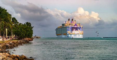 Miami, Florida, USA - December 16, 2024: Royal Caribbean International cruise line. Cruise ship tour. Floating hotel. Symphony of the Seas cruise ship voyage. Cruise ship summer vacationのeditorial素材
