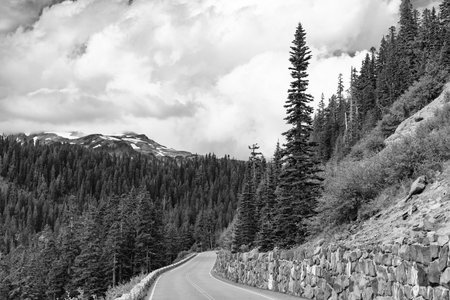 North Cascades nation park. Road leads to Diablo lake with mountain landscape. Landscape of mountain and road. Travel destination. Landscape route to North Cascades National Park. Scenic natureの写真素材