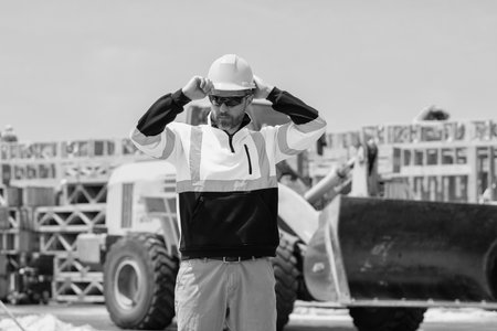 Worker with hardhat. Industry worker at construction. Builder civil engineer at site building....