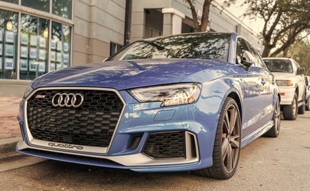 Miami, Florida, USA - December 05, 2024: 2018 Audi RS3 Sport hatchback car. Luxury car of Audi RS3....