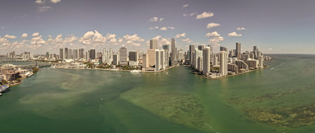 Miami downtown panorama. Cityscape panoramic downtown. City architecture skyline. Miami skyline panorama. Miami skyscraper cityscape. Miami city panoramic skyline of Brickell key. Travel placeの写真素材