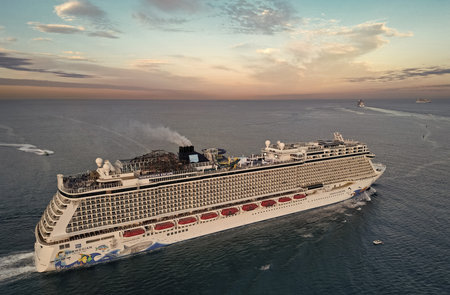 Miami, Florida, USA - January 11, 2025: Ship sailing toward the horizon. Norwegian Escape cruise...