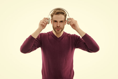 Music style. Listen audio. Millennial man gen lifestyle. Lifestyle and music. Man listen music in...