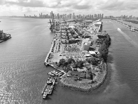 Miami, Florida - February 12, 2025: Freight container, maritime. Aerial Miami port with cargo container. Maritime shipping. Port of Miami. Cargo shipping container in Miami, aerial. Import and exportのeditorial素材