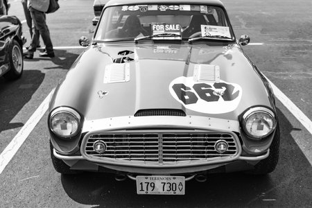 Chicago, Illinois, USA - September 08, 2024: Triumph tr4 retro sport car, front view. Retro car. Green classic triumph tr4. Triumph tr4 at Chicagoのeditorial素材